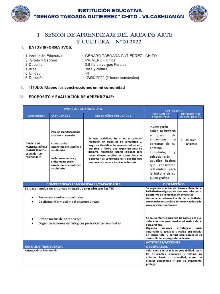 Sesiones-De Aprendizajes Del Área de Arte y Cultura Primero Vi | PDF ...