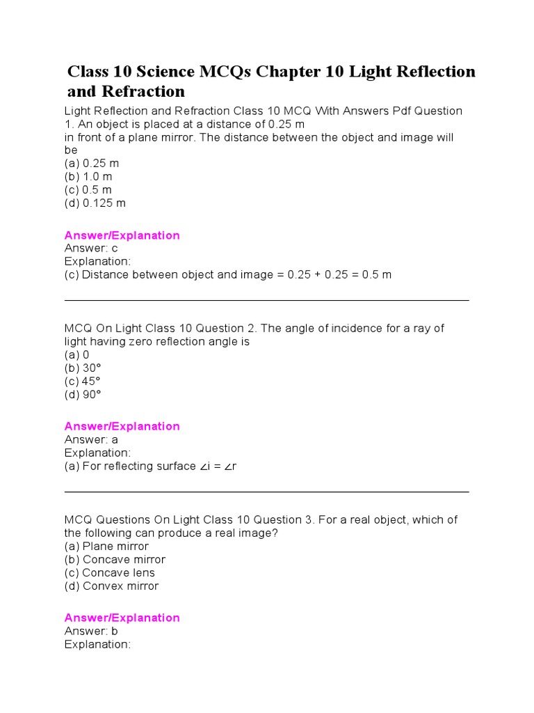 Class 10 Science MCQs Chapter 10 Light Reflection and Refraction | PDF