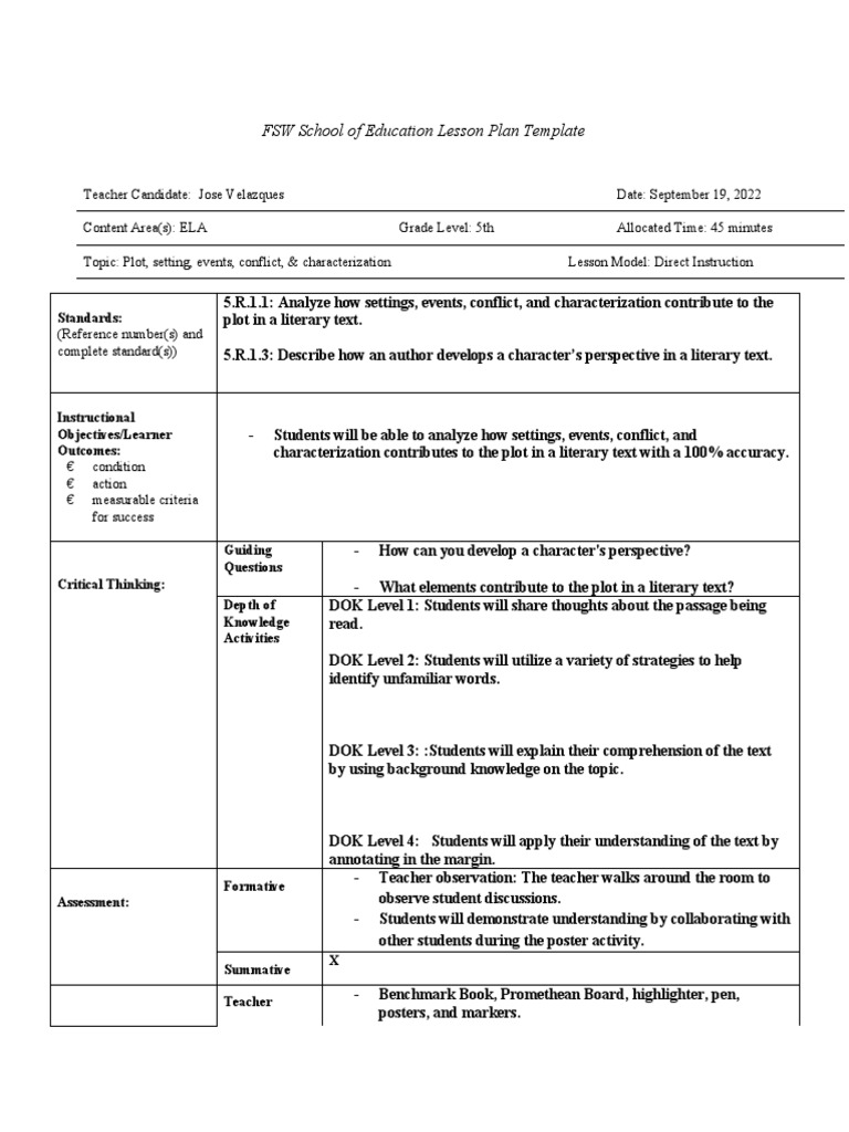 1st Ela Lesson Plan PDF
