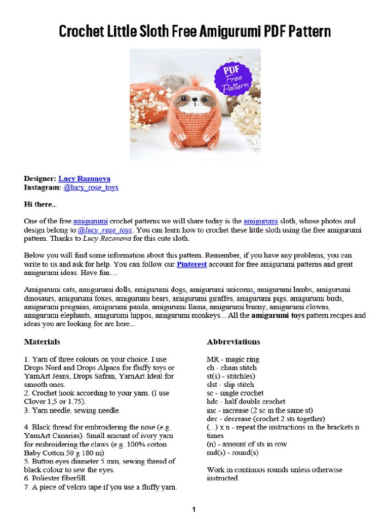 Crochet Little Sloth Free Amigurumi PDF Pattern | PDF