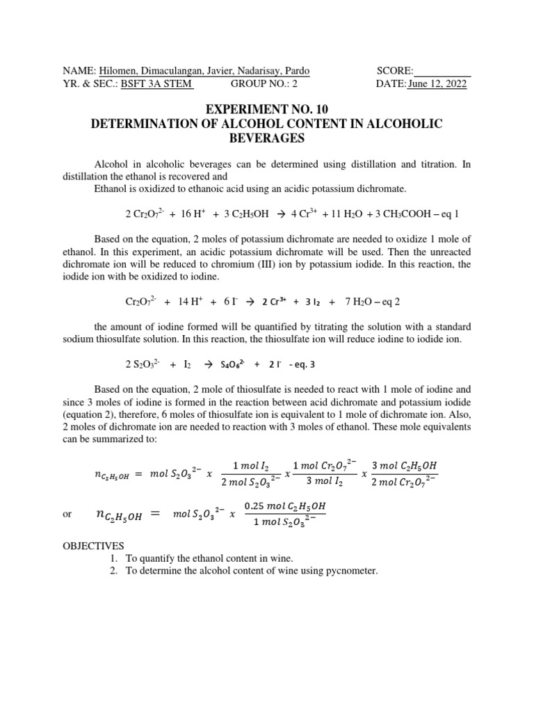 Determination of Alcohol Content in Alcoholic Beverages PDF
