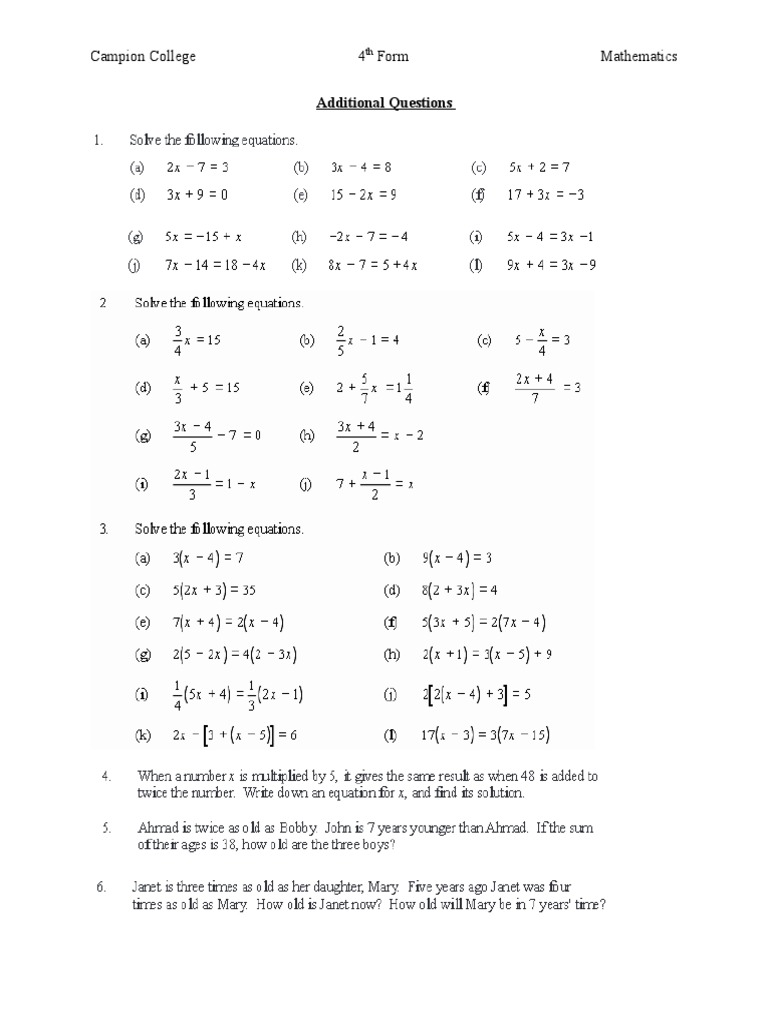 Additional Linear Equations Questions (2) PDF