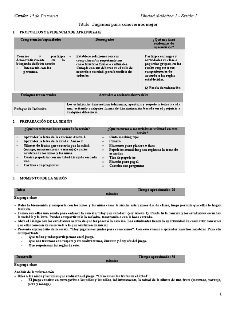 PrimerGradoUnidad 1 Sesion 1 PDF Salón de clases