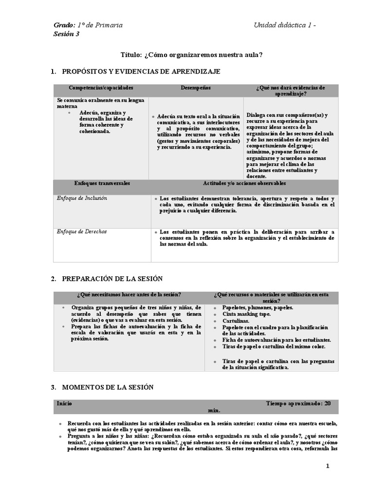 PrimerGradoUnidad 1Sesion 3 PDF Salón de clases Aprendizaje