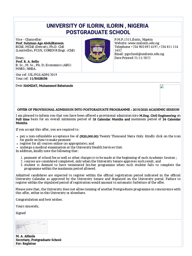 Unilorin Postgraduate Admission Offer | PDF
