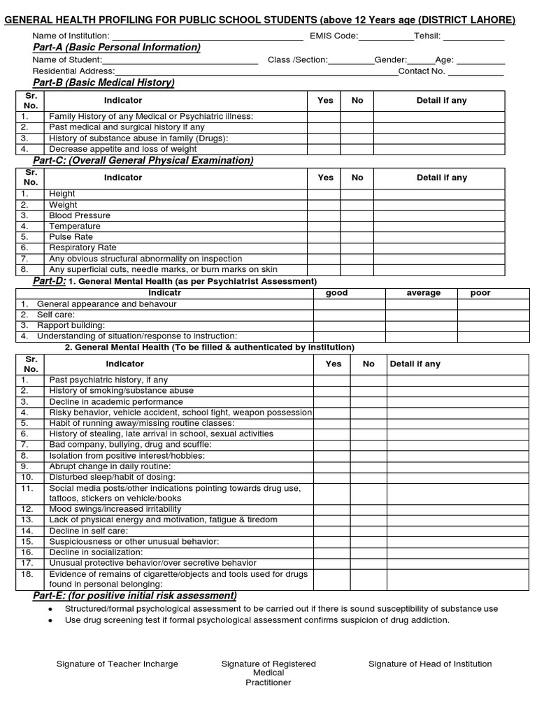 Student Health Profiling Form | PDF | Substance Abuse | Mental Health