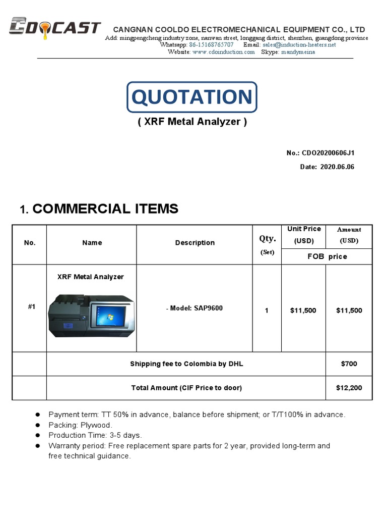 Quotation For SAP9600 XRF Analyzer | PDF
