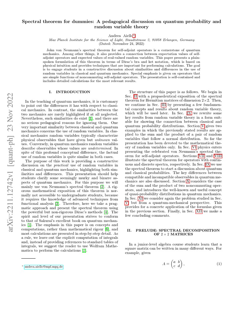 Spectral Theorem For Dummies | PDF | Matrix (Mathematics) | Probability ...