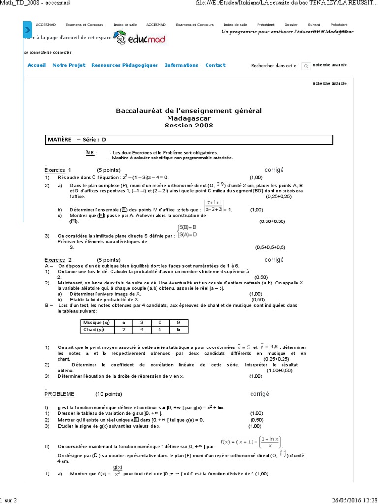 Corrigé Bac Maths 2008 Madagascar | PDF