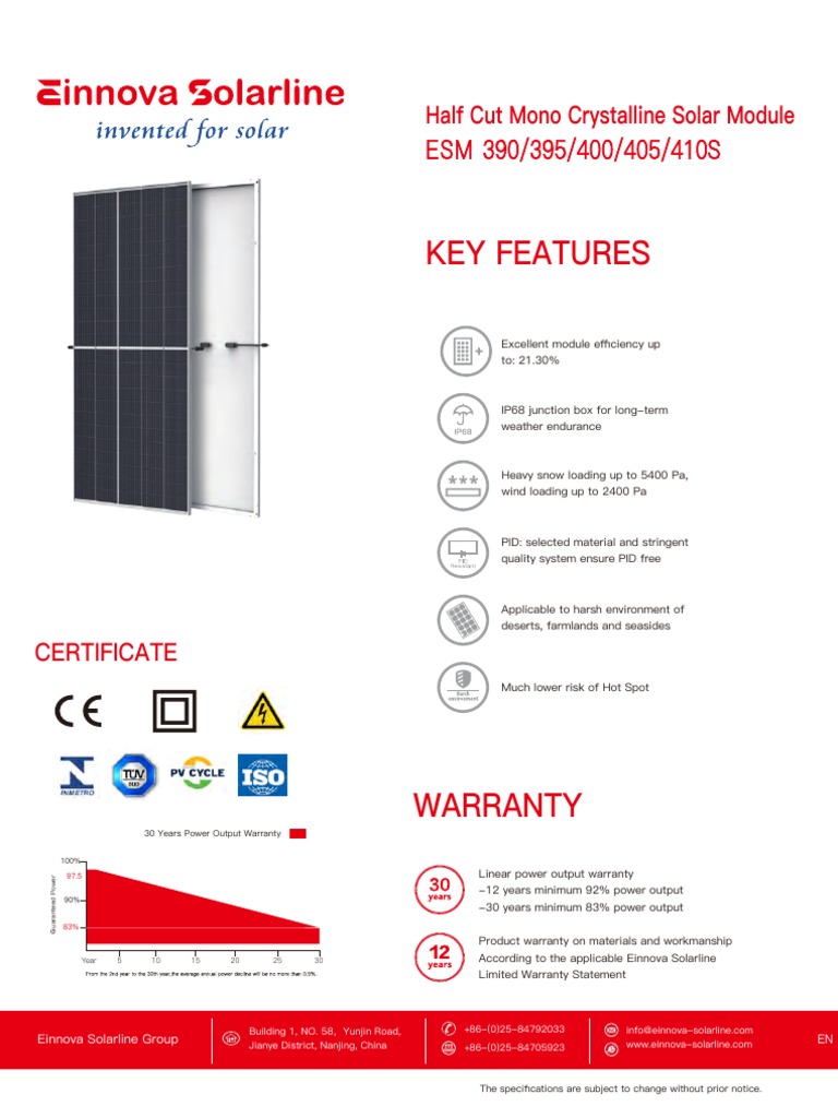 Key Features: ESM 390/395/400/405/410S | PDF | Solar Panel | Diode