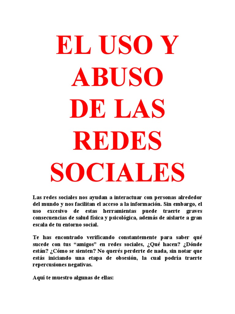 EL USO Y ABUSO DE LAS REDES SOCIALES Imprimir | PDF | Servicio de redes ...