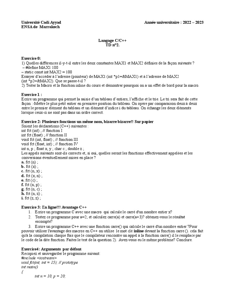 TD2 C/C++ : Exercices et Concepts clés | PDF | C ++ | Constructeur ...