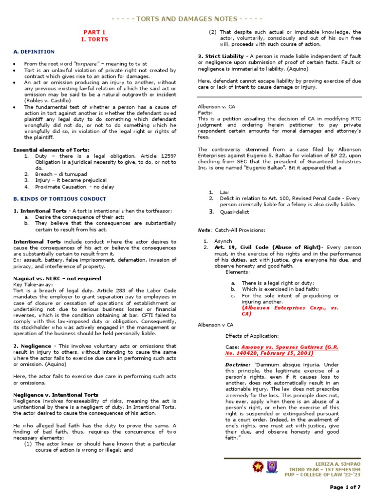 Torts and Damages Overview Notes | PDF | Negligence | Tort