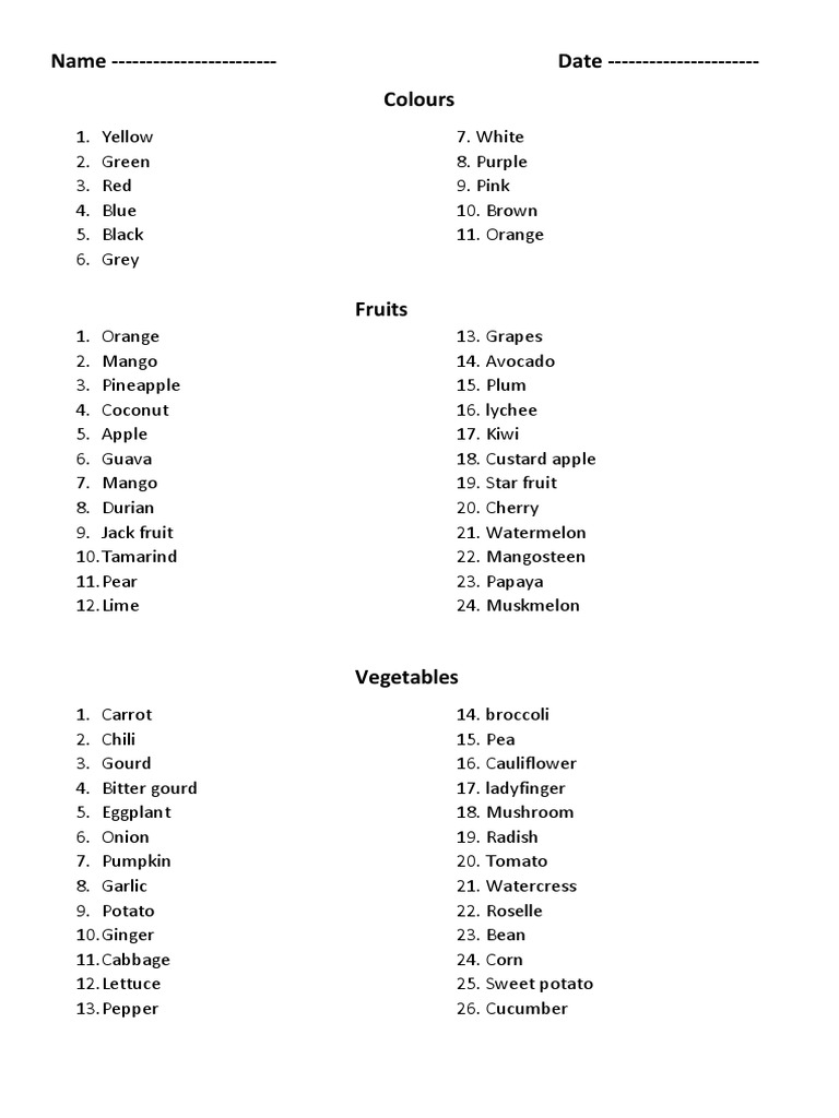 Colorful Lists of Fruits, Vegetables, and More | PDF | Fruit | Foods