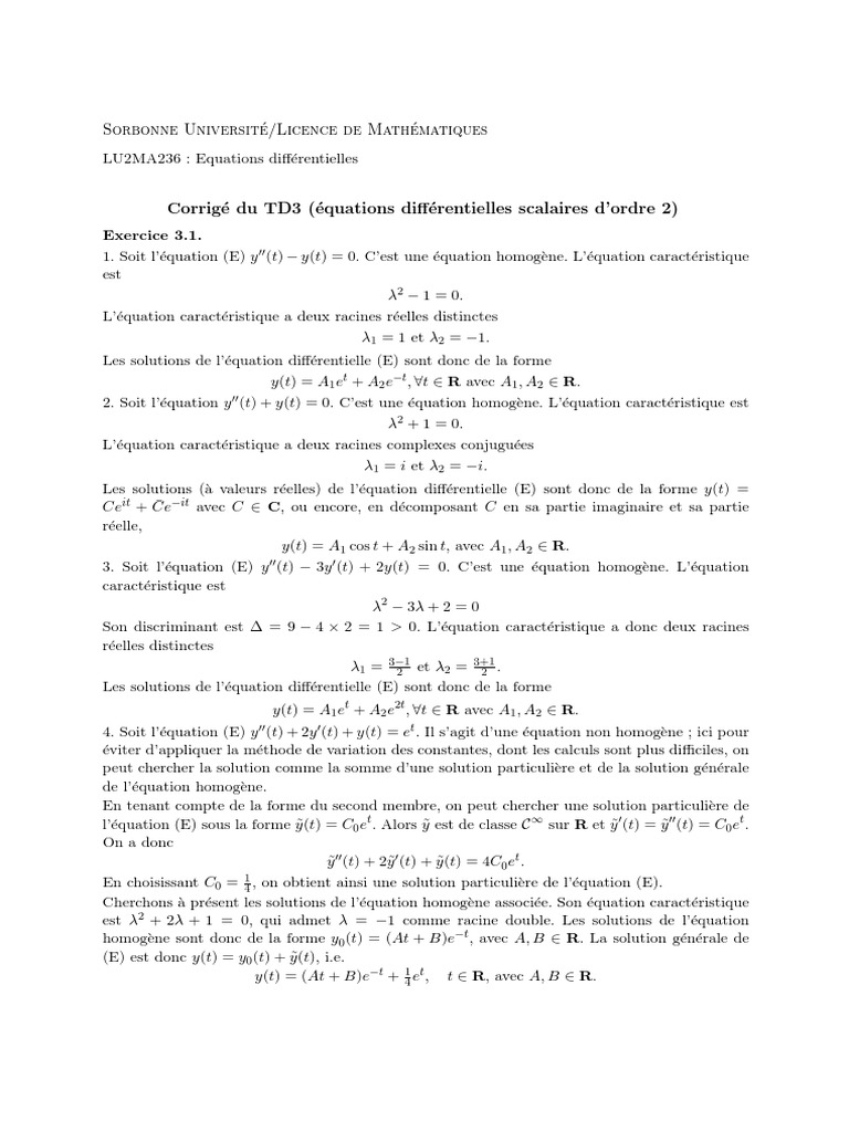 Corrigé TD3 : Équations Différentielles | PDF | Équations | Fonction ...