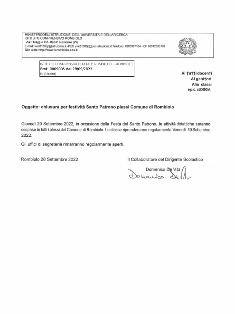 Timbro - Chiusura Per Festività Santo Patrono Plessi Comune Di Rombiolo ...