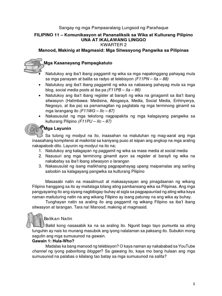Komunikasyon Grade 11 Quarter 2 Module 1 Weeks 1 2 Pdf 1 Pdf