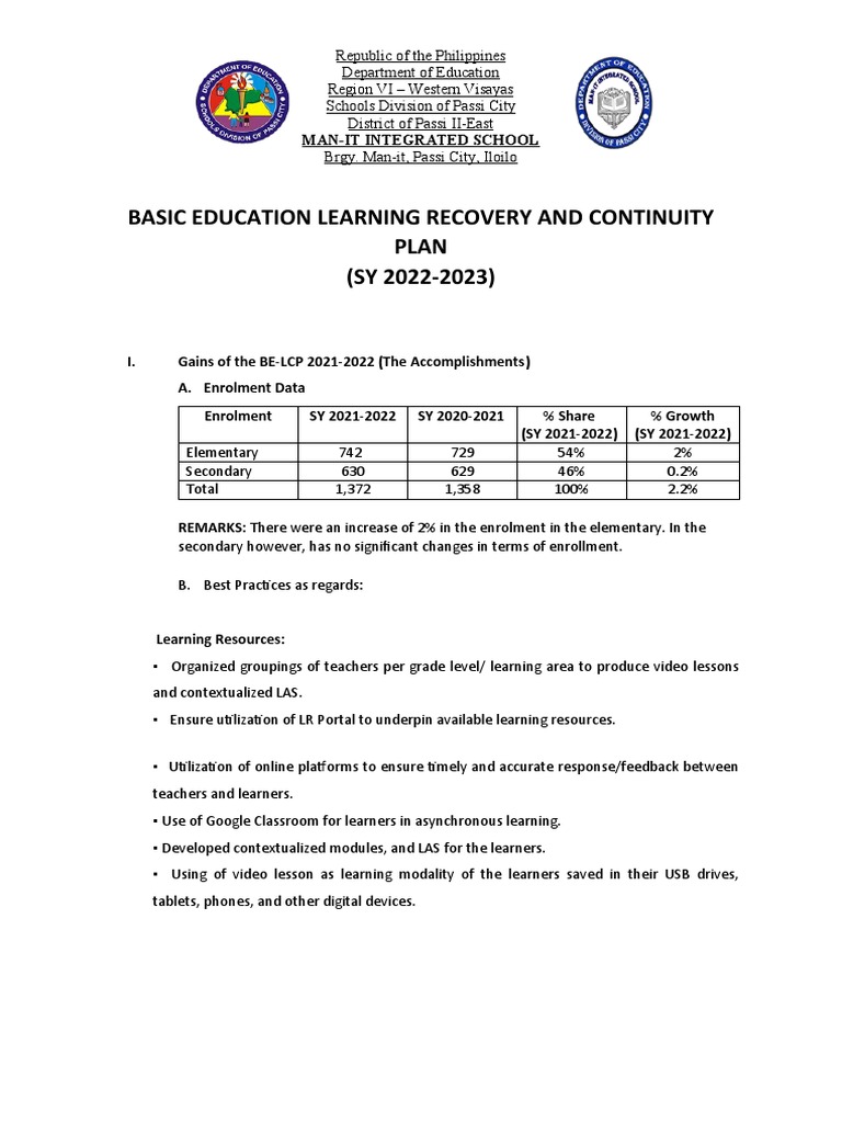 Basic Education Learning Recovery and Continuity Plan | PDF | Teachers