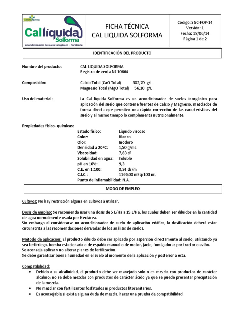Cal Líquida Solforma: Acondicionador de Suelos | PDF