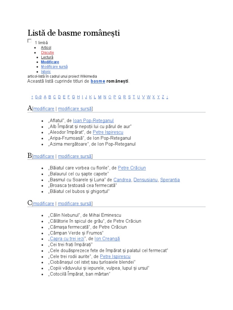 Listă de Basme Românești Completa | PDF