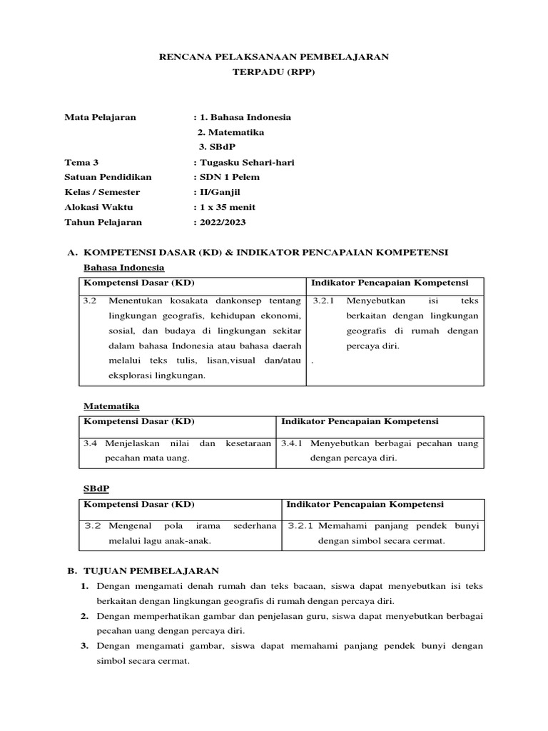 RPP Pembelajaran Terpadu Kelas 2 SD | PDF