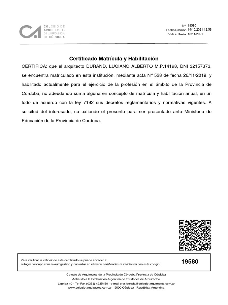 Certificado Matrícula y Habilitación | PDF