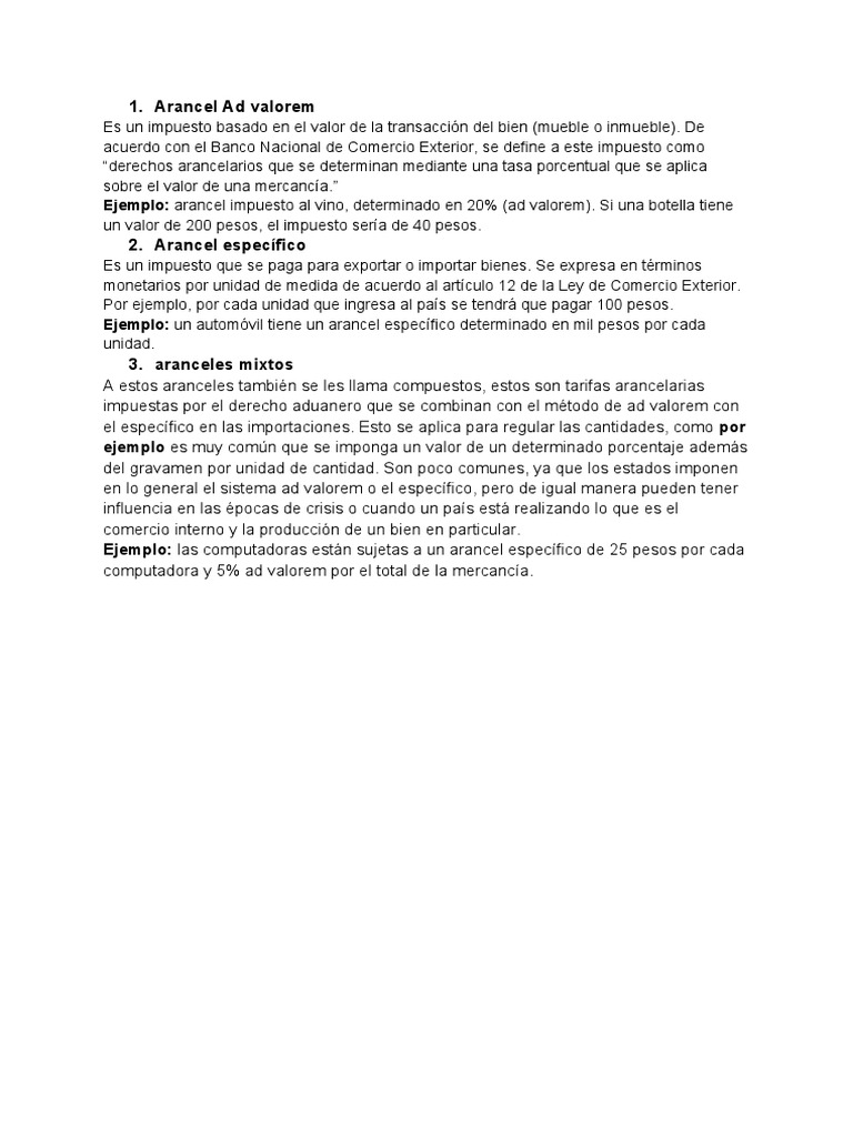 Tipos De Aranceles Pdf
