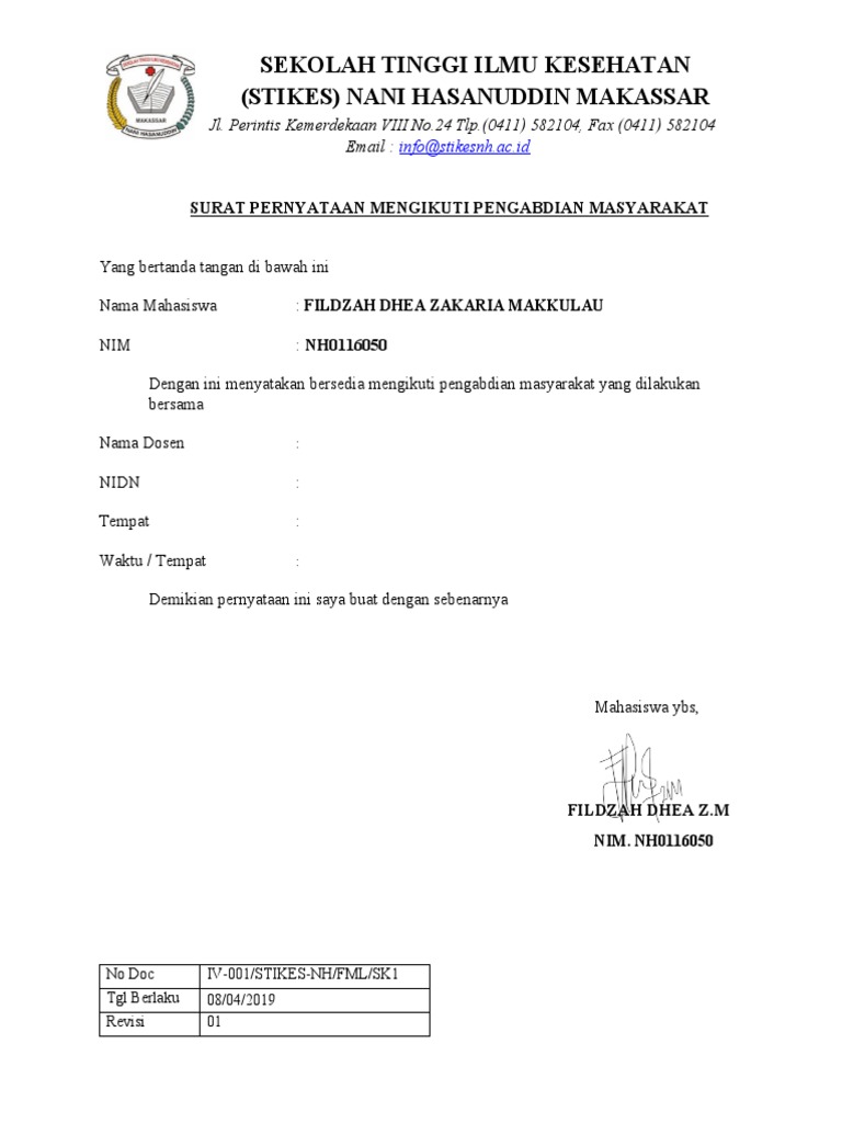 Surat Pernyataan Mengikuti Pengabdian Masyarakat | PDF