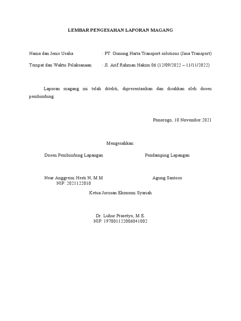 Lembar Pengesahan Laporan Magang PDF