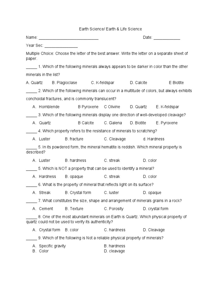 Minerals Quiz PDF