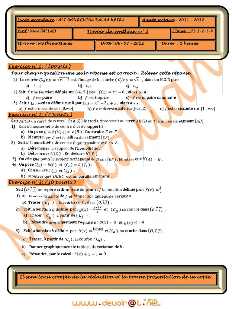 Devoir de Synthèse N°1 - Math - 2ème Sciences (2011-2012) MR Maatallah ...