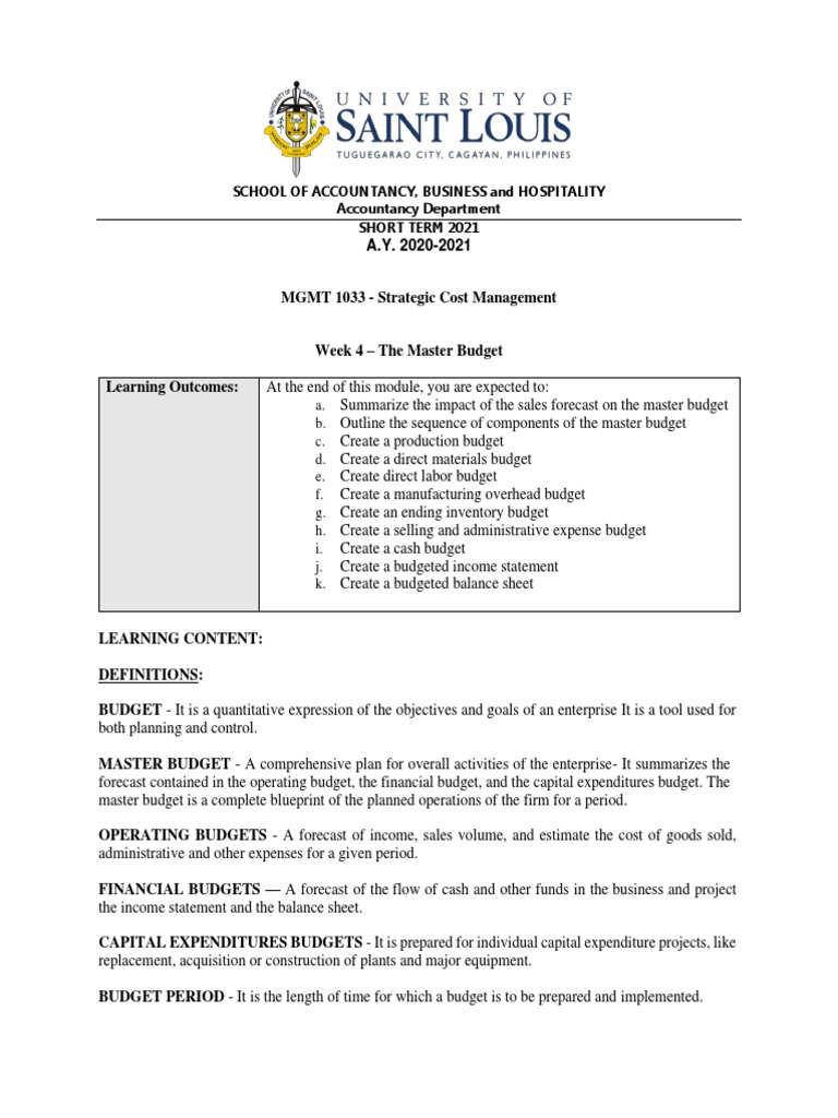 Master Budget Overview and Components | PDF