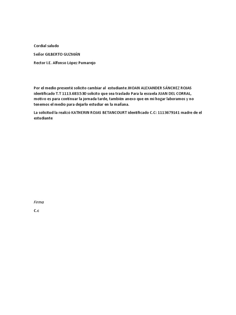 Solicitud de Cambio de Escuela para Jhoan | PDF