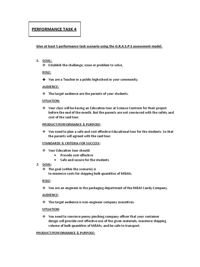 G.R.A.S.P.S. Performance Task Examples | PDF