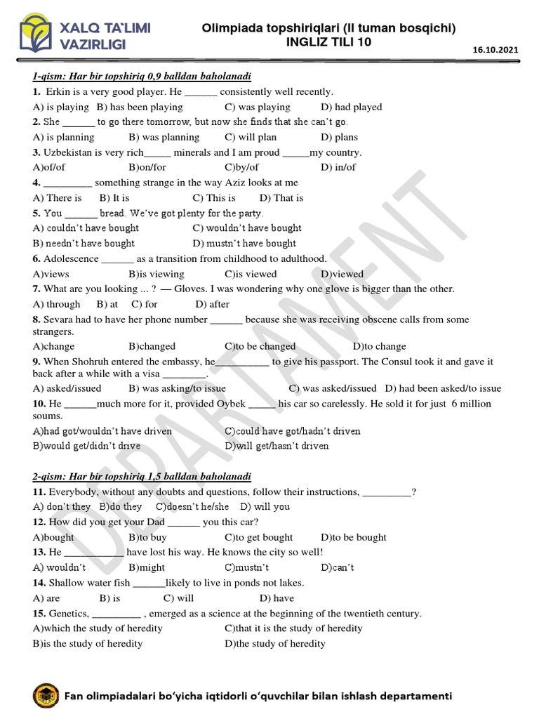 workbook 10 sinf javoblari