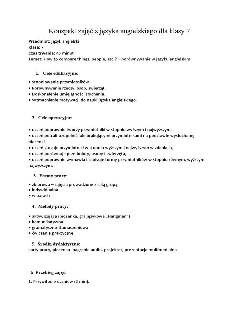 Konspekt Lekcji Z Języka Niemieckiego Konspekt Zajęć Z Języka Angielskiego Dla Klasy 7 | PDF