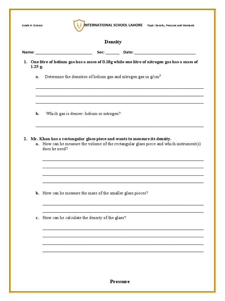 Density Pressure And Moments Rq And Unit Questions Pdf Density