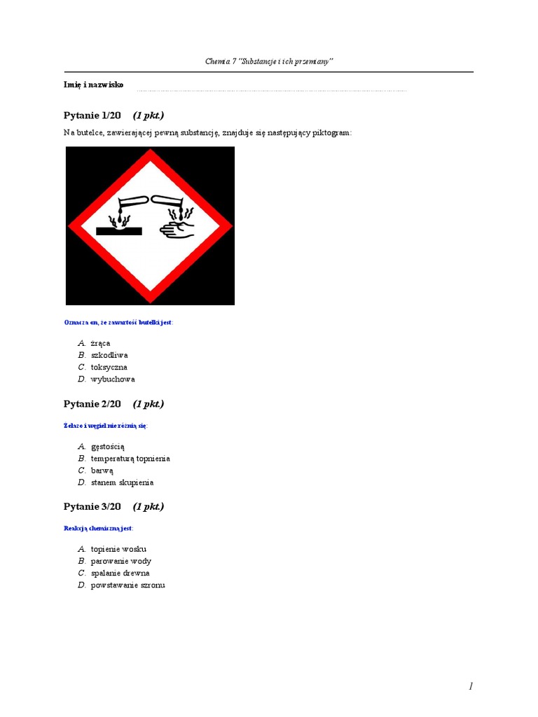 Sprawdzian Z Chemii Klasa 7 Substancje I Ich Przemiany Pdf Chemia 7 Substancje I Ich Przemiany Test | PDF