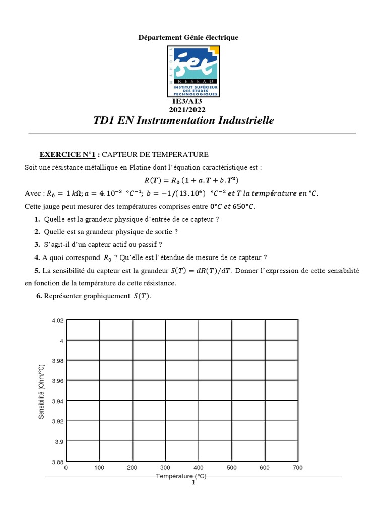 TD1 - Instrumentation Industrielle 2021 | PDF | Capteur | Pression