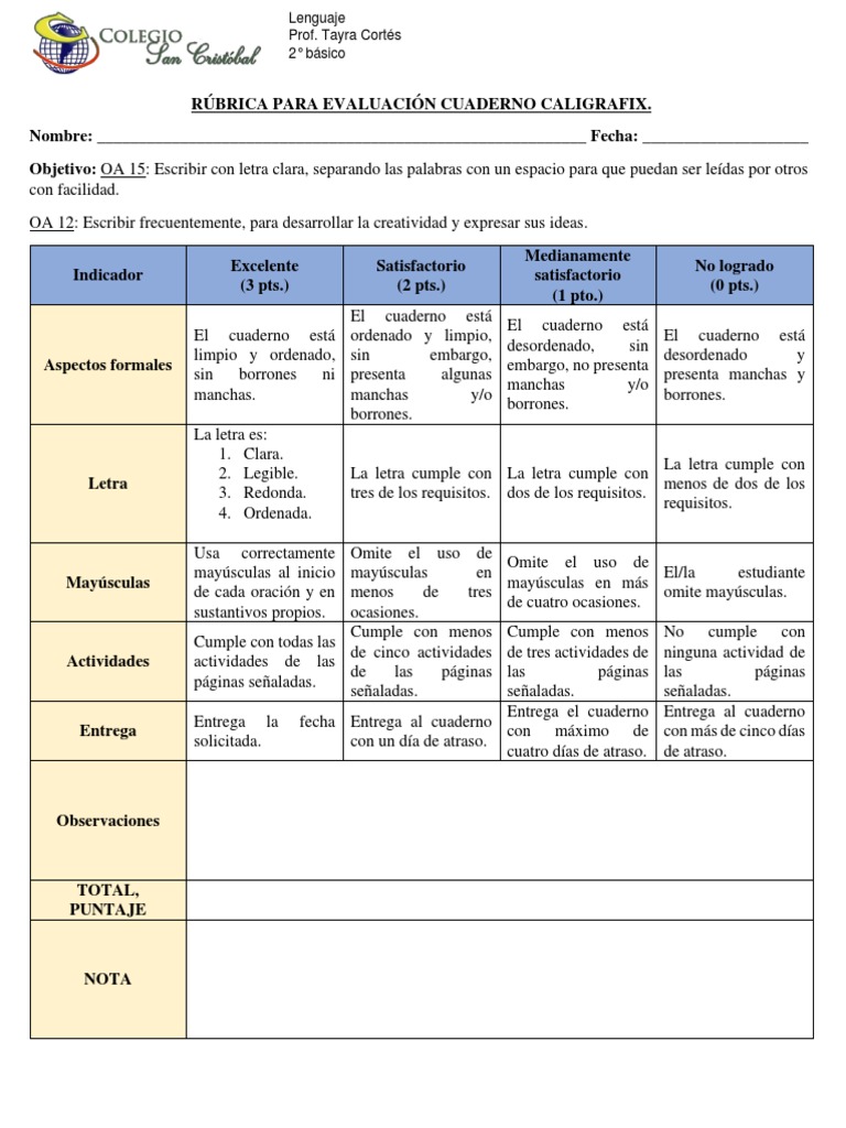 Rubrica Cuaderno Caligrafix | PDF