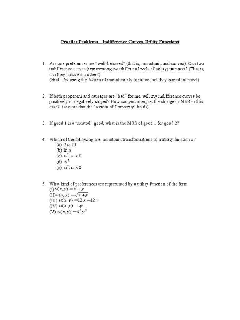 Indifference Curves and Utility Functions | PDF | Utility | Economic ...