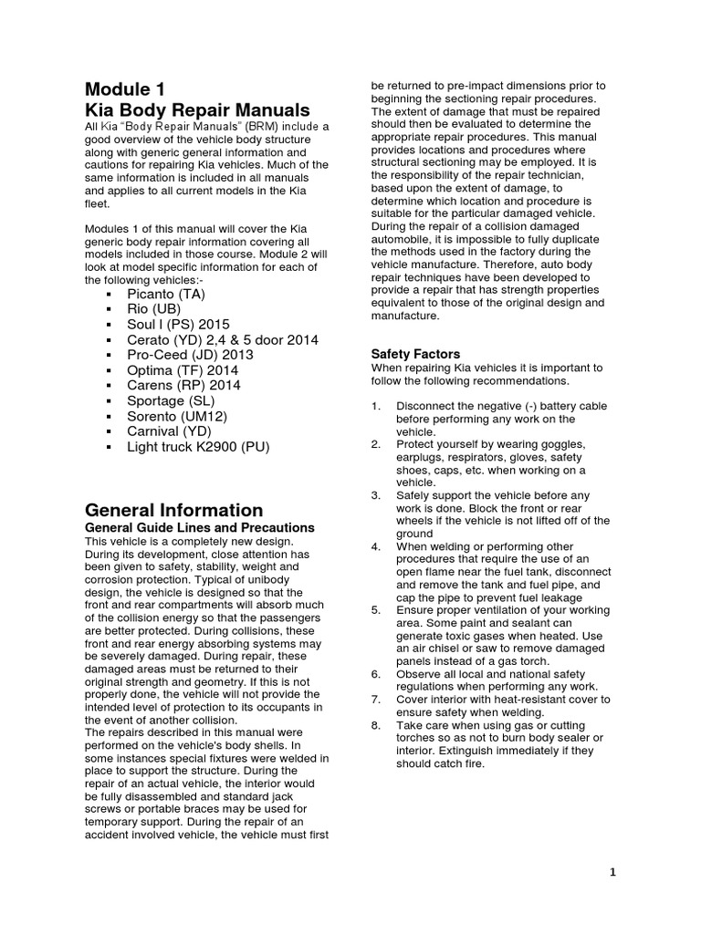 Kia Body Repair Manual General Safety Guidelines and Procedures for