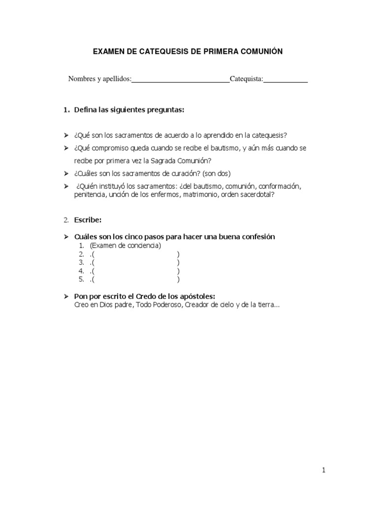 Examen de Catequesis de Primera Comunión PDF