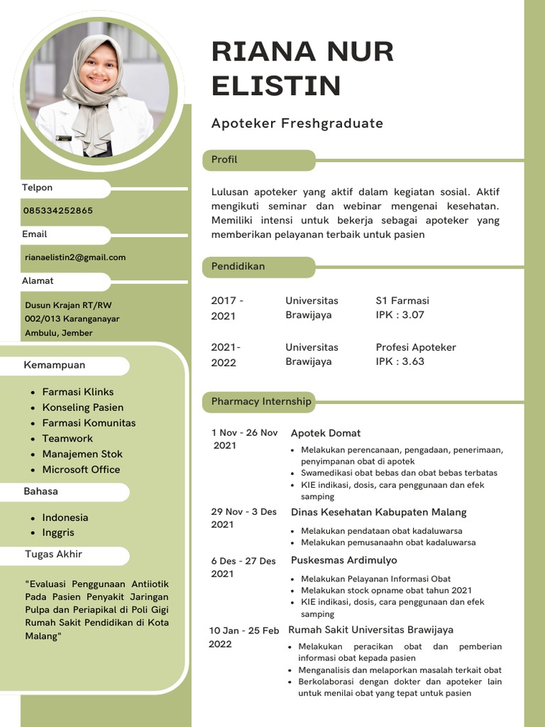 CV Apoteker Freshgraduate Riana Nur | PDF