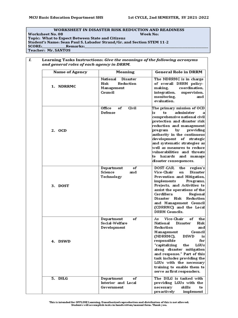 Disaster Risk Reduction Worksheet | PDF | Emergency Management ...