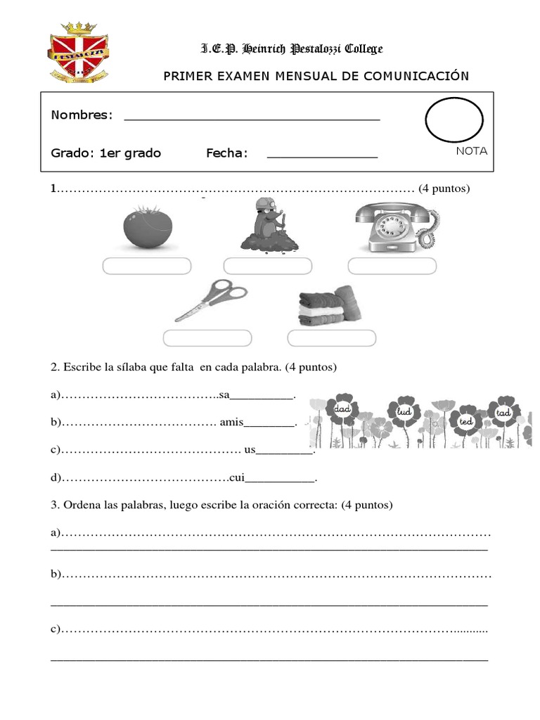 Examen Mensual de Comunicación 1er Grado | PDF | Artes del Lenguaje y ...
