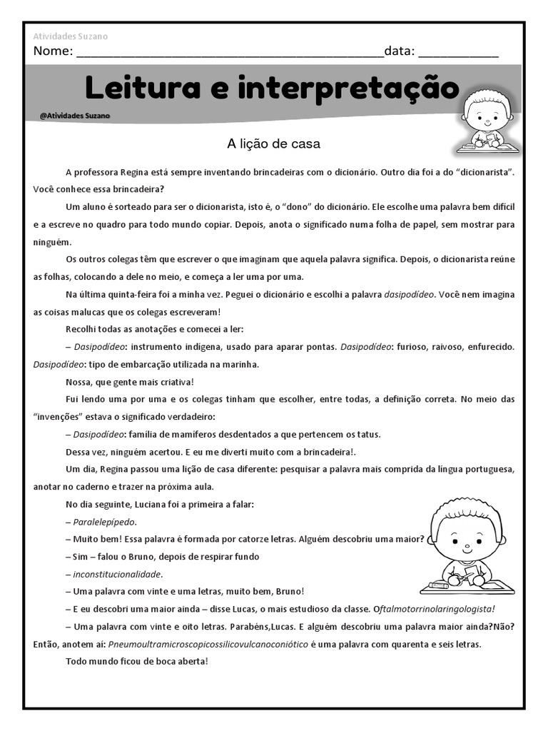 A Lição de Casa Texto e Interpretação 5º Ano | PDF