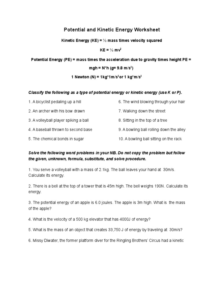 Potential and Kinetic Energy Worksheet PDF Kinetic Energy