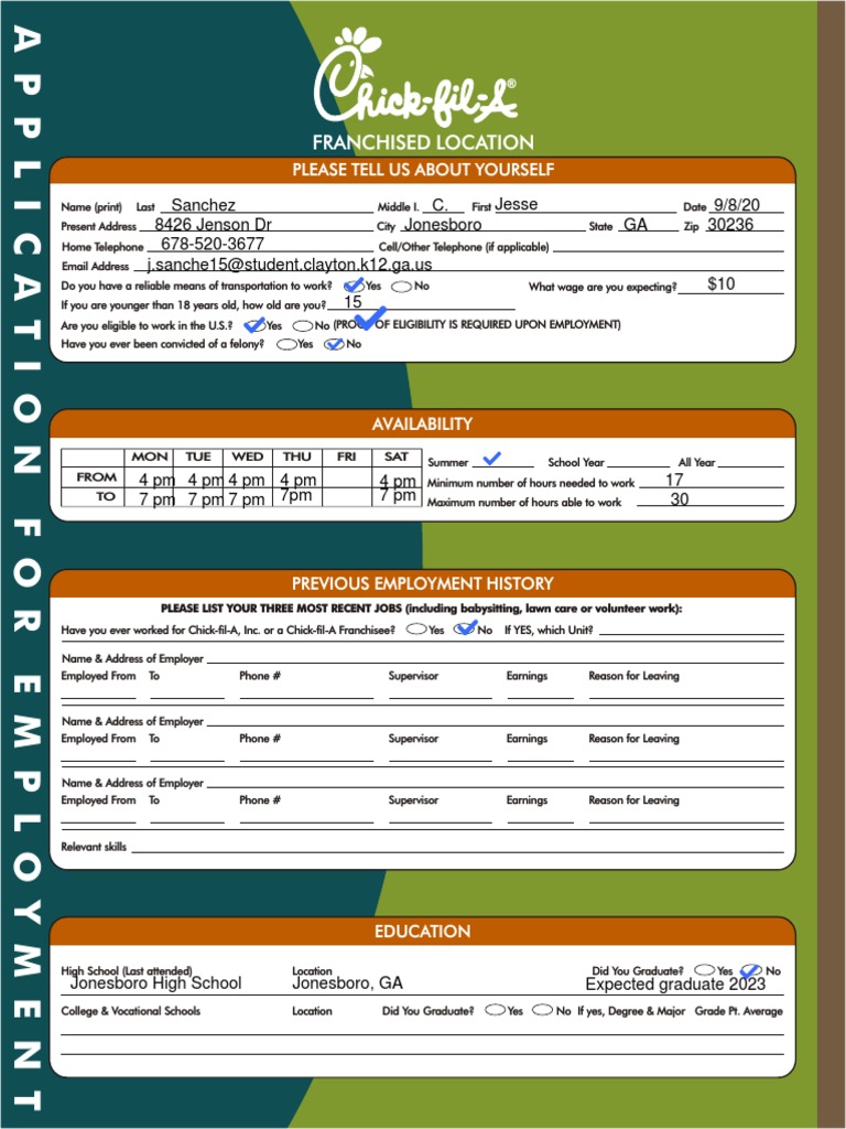 Jesse Sanchez ChickFilAJobApplication 1 PDF Teachers Justice