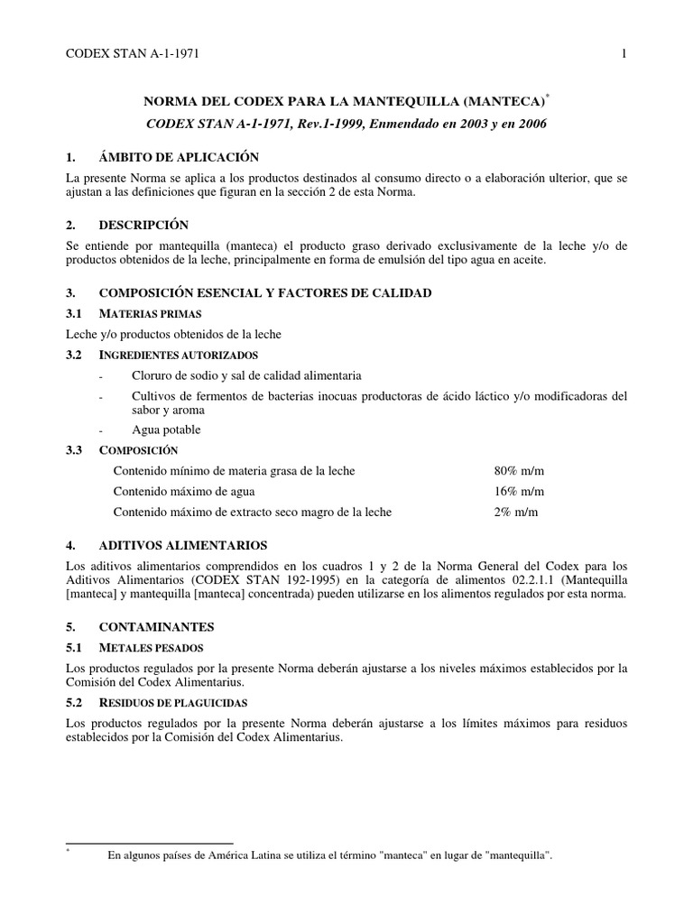 Norma Del Codex para La Mantequilla (Manteca) CODEX STAN A11971, Rev